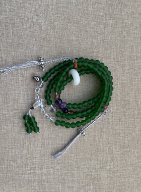 手工绿琉璃佛珠手串108颗佛珠绿度母修行念珠手持男女抖音同款