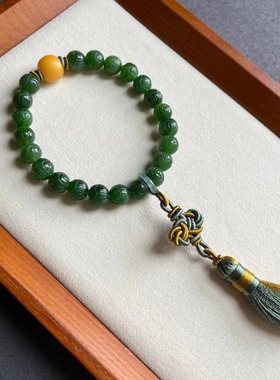 天然新疆和田玉碧玉手串男女款菠菜绿无黑点莲花珠佛珠手持送证书