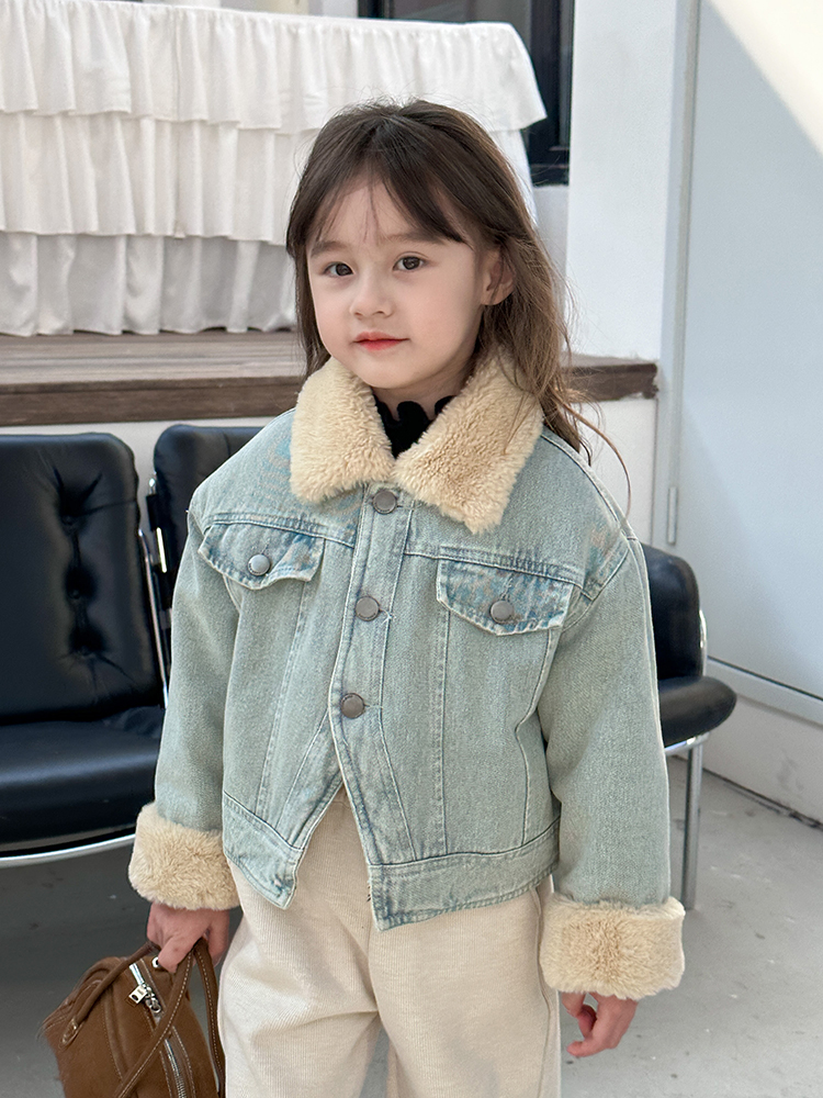 儿童冬装韩版洋气棉服女童短款棉袄加厚加绒棉衣宝宝牛仔外套