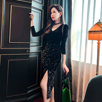 Ocnltiy French style gown with underskirt 2023 autumn and winter new temperament name Ehime with velvety wrap hip dress