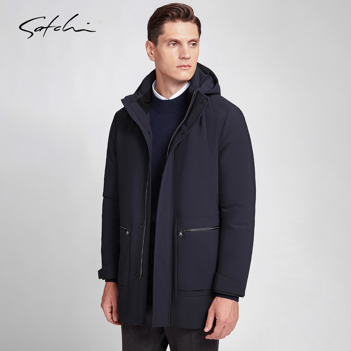 SATCHI沙驰男装男士羽绒服冬季新款商务休闲中长款连帽保暖外套厚