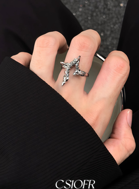 镂空黑月光四芒戒指男女潮冷淡风