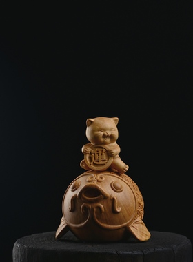 创意黄杨木雕鲤鱼载福运财神爷大笔进财家居办公室装饰工艺品摆件