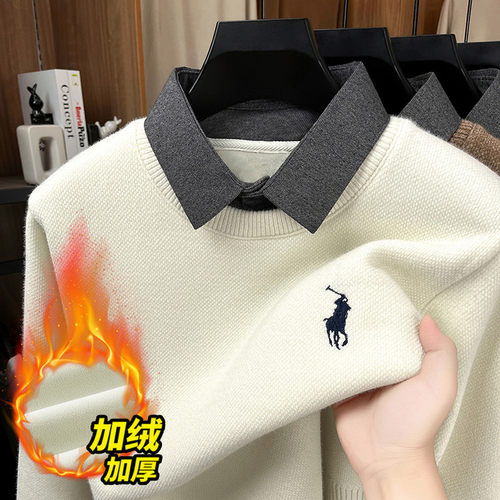 稻草人假两件针织衫男士冬季加绒加厚衬衫领毛衣男高端打底上衣潮 - 图3