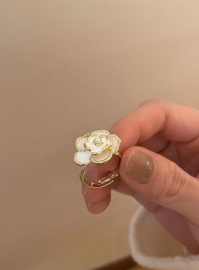 S925纯银法式山茶花戒指复古温柔气质食指戒设计小众可调节关节戒