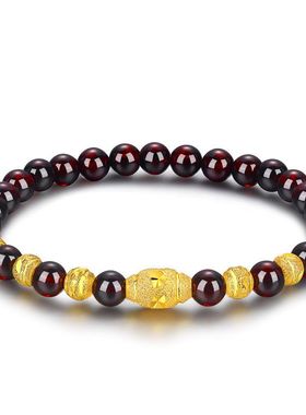 纯天然酒红色石榴石手链女越南沙金转运珠刻花金珠水晶手串不褪色