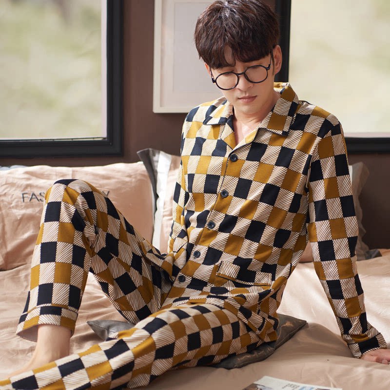 New men's spring and autumn pure cotton long sleeve pajamas