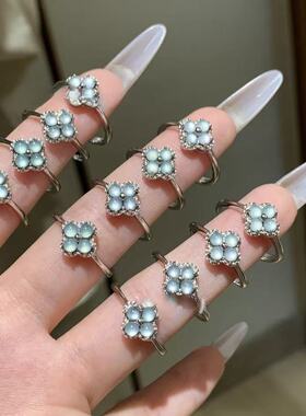 s925银天然蓝水翡翠四叶草戒指