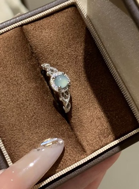 s925银天然蓝水翡翠蕾丝戒指欧美轻奢风高级感百搭