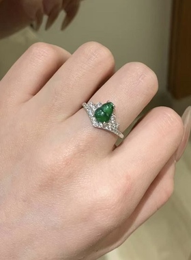 s925银天然阳绿葫芦翡翠皇冠戒指小众高级感小清新
