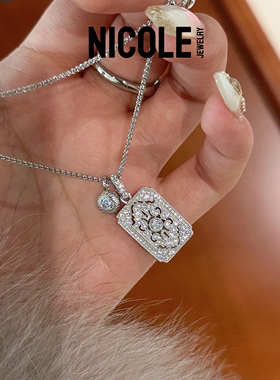 Nicole Jewelry满钻蕾丝雕花无事牌纯银项链镂空小方牌锁骨链轻奢