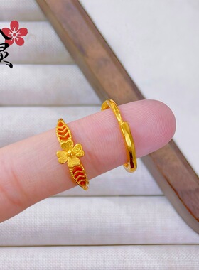 金色沙金拉丝花朵女士戒指百搭