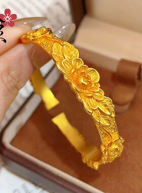 金色开口手饰錾刻繁花双喜牡丹花手镯女复古新中式百搭手饰品