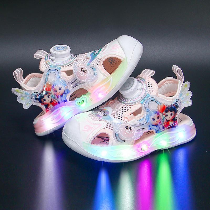Girls' Sandals 4 Years Old Baotou Flashing Summer Nezha Aobing Luminous Girls Sandals 6 Years Old Baby Girl Lighting Shoes Soft Sole