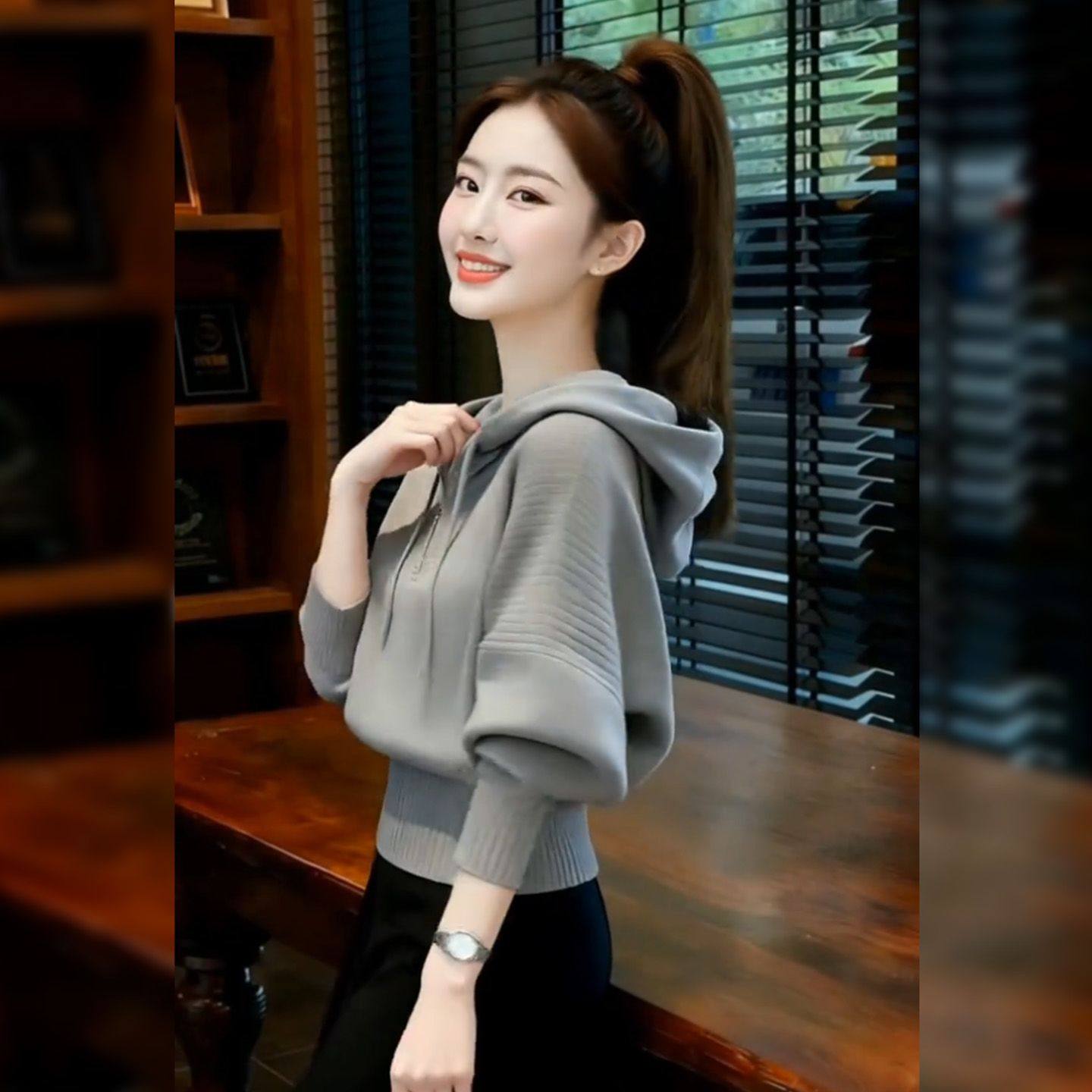 半拉链连帽毛衣上衣女秋冬设计感小众高级感修身长袖针织衫外套女,淘宝优惠券,粉丝福利购,淘宝优惠卷