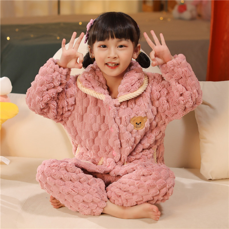 秋冬新款儿童法兰绒睡衣男孩女孩中大童珊瑚绒女童套装宝宝家居服 - 图2