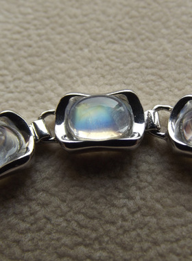 蓝光 彩虹光 天然冰种玻璃体月光石手链 正品 925纯银镶宝石 水晶