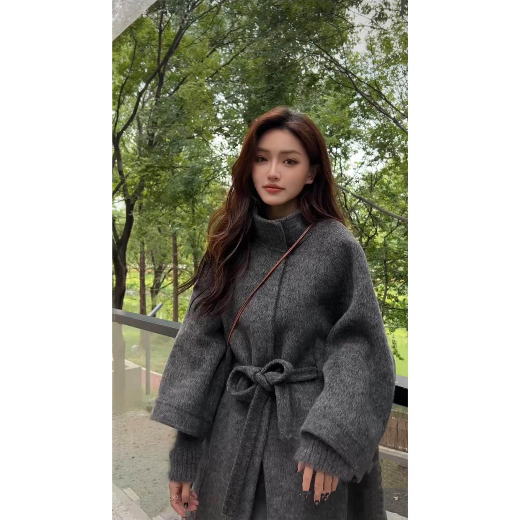 2025秋季斗篷新款立领双面羊毛大衣系带假两件针织袖羊毛呢外套女,淘宝优惠券,粉丝福利购,淘宝优惠卷