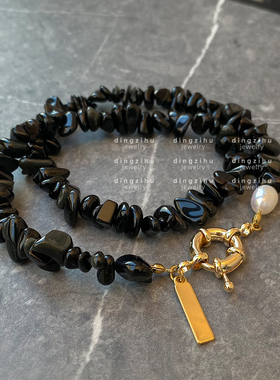 天然石黑色串珠项链不规则淡水珍珠颈链小众高级感毛衣链锁骨链女