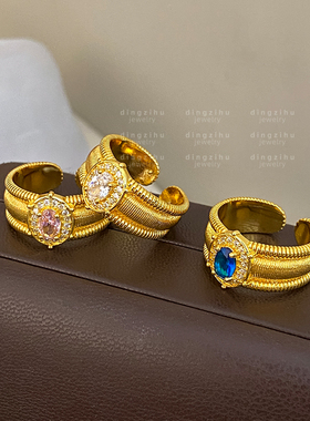 复古鸽子蛋拉丝工艺戒指女仿真金戒圈金店同款食指戒新款开口指环