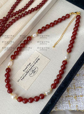 新中式红色串珠项链女士国风轻奢小众高级感锁骨链巴洛克珍珠颈链