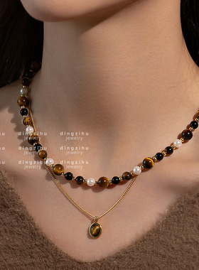 美拉德咖色串珠项链虎眼石吊坠秋冬新款毛衣链双层叠戴颈链高级感