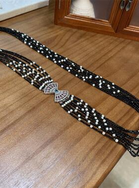 黑色首饰尖晶石豪华毛衣链女名媛