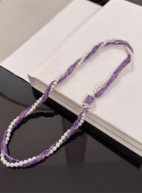 纯银扣子天然珍珠镶嵌紫晶石项链