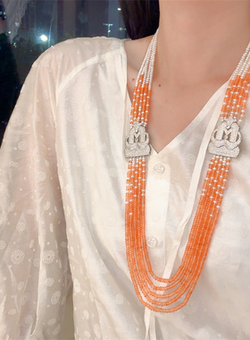 淡水珍珠橙玉多层长款毛衣链首饰