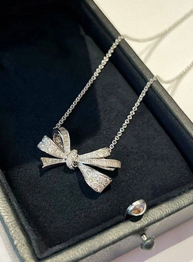 幻影丝带蝴蝶结项链女纯银白金色满钻方钻锁骨链高级设计轻奢名媛