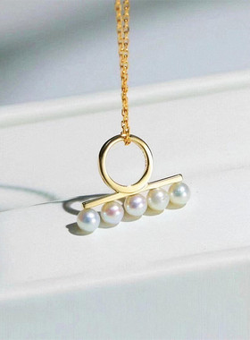 日系平衡木珍珠项链 女纯银镀18K黄金色地平线锁骨链小众设计百搭