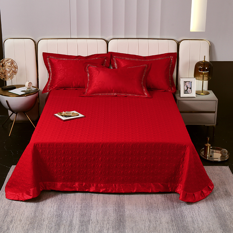 结婚大红色床盖纯棉夹棉床单婚庆床上用品单件加厚欧式三件套双人