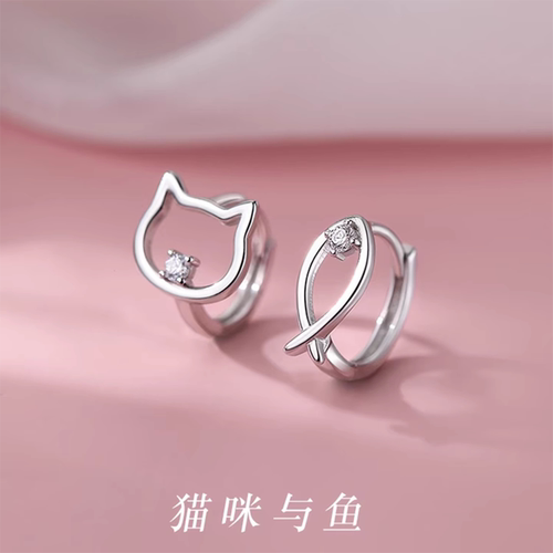 s925银针猫咪小鱼耳扣女不对称小众设计高级耳环2024新款爆款耳扣 - 图0