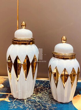 出口欧式网格白色将军罐大花瓶家居客厅酒柜餐桌厅摆件装饰工艺品