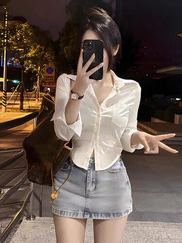 辣妹收腰长袖衬衫女纯欲风百搭白衬衣内搭修身纯色学院风上衣夏季 - 图3