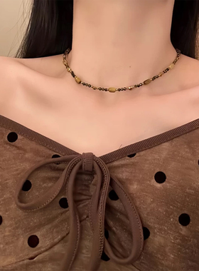 山沐手作「暮色沙丘」复古咖色串珠双层叠戴项链女小众颈链锁骨链