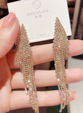 日韩超仙长款水钻锆石流苏耳环女