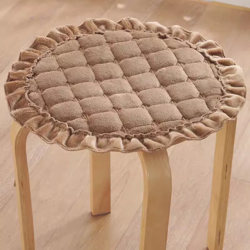 毛绒圆形酒红椅子垫防滑垫四季通用客厅圆垫系带圆凳坐垫餐椅垫套