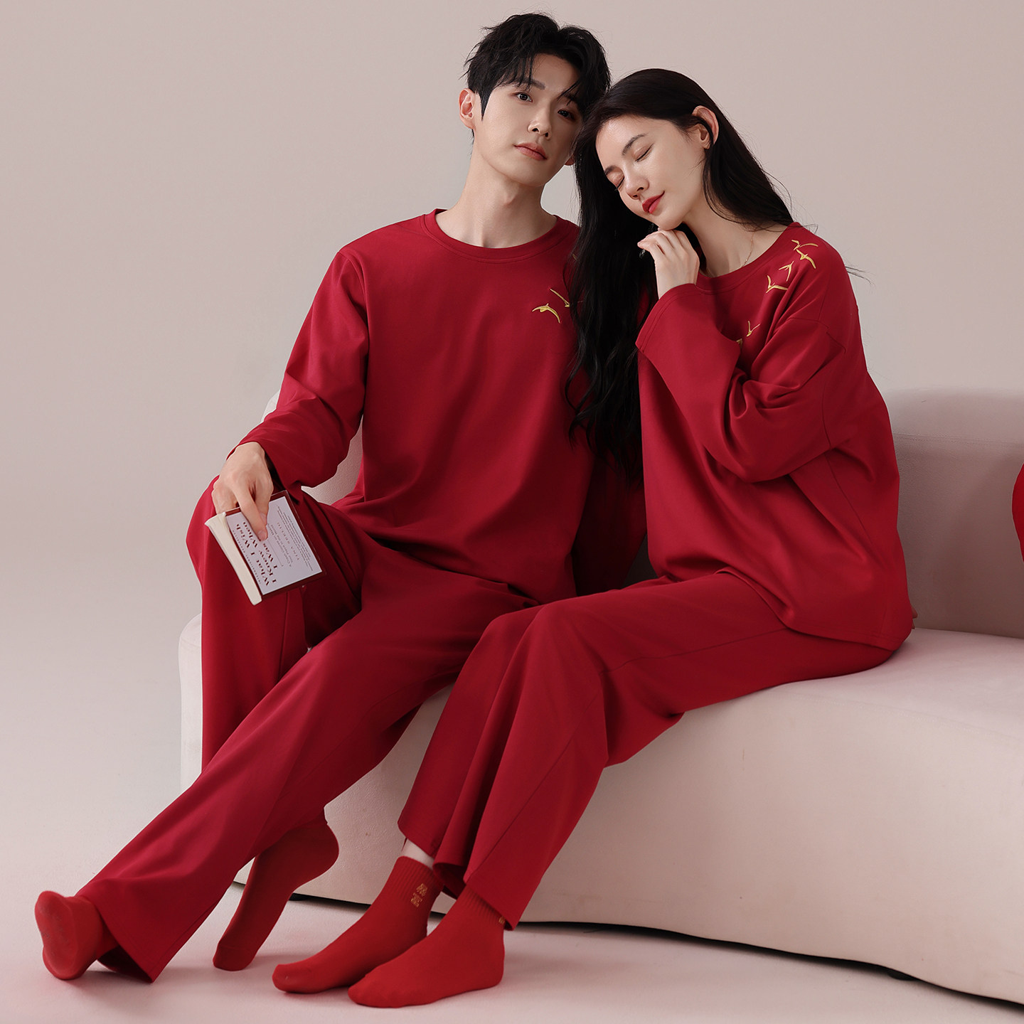 芬腾情侣睡衣春秋纯棉长袖套装男红色本命年结婚新婚大码家居服女,淘宝优惠券,粉丝福利购,淘宝优惠卷
