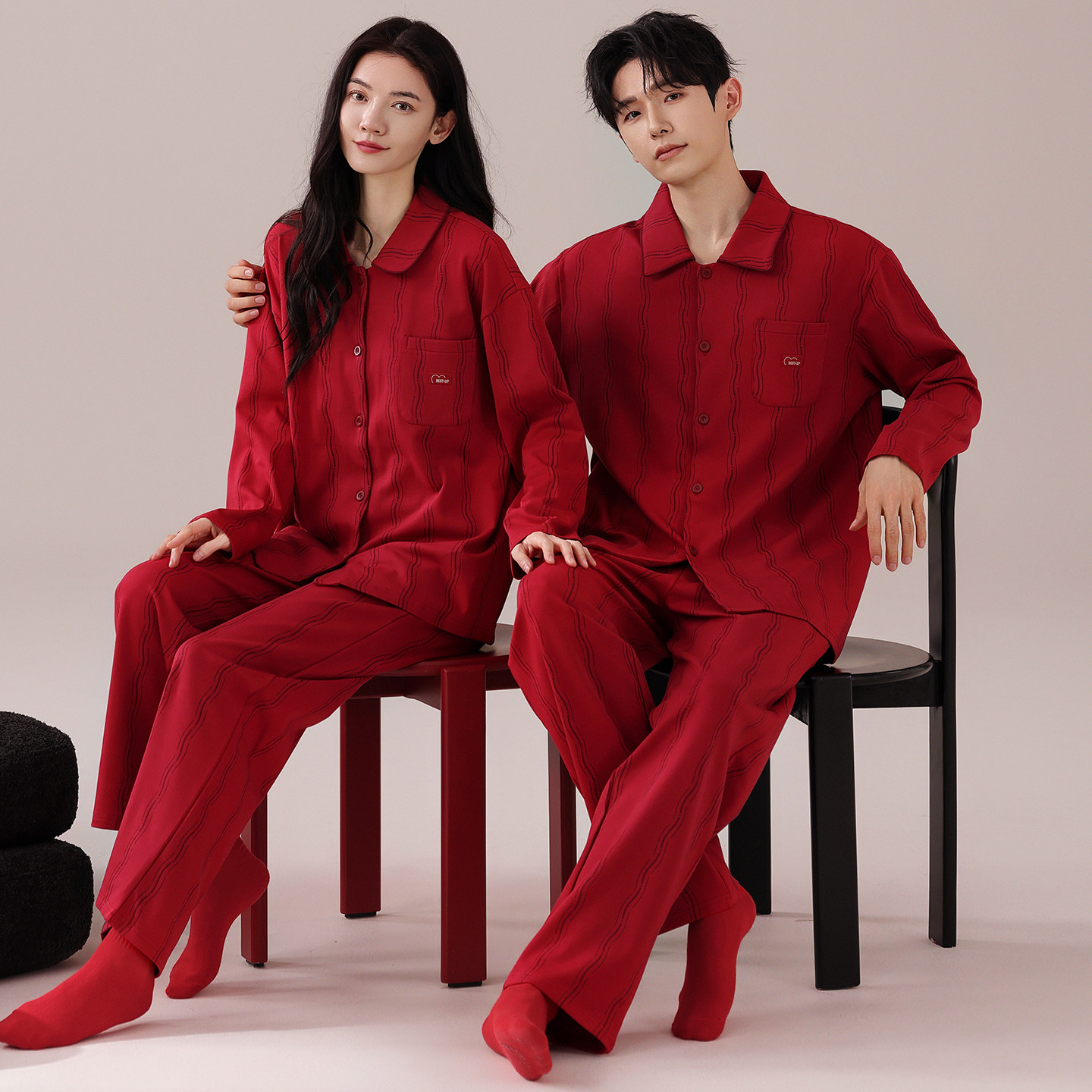 芬腾情侣睡衣春秋纯棉长袖套装男红色本命年结婚新婚大码家居服女,淘宝优惠券,粉丝福利购,淘宝优惠卷