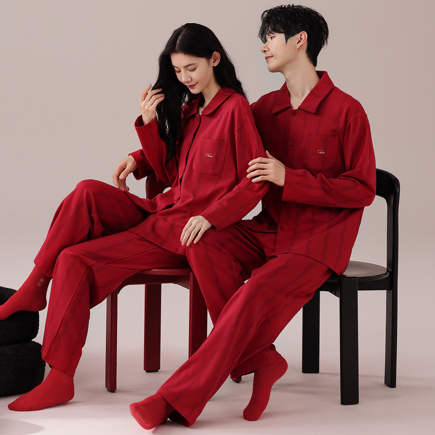 芬腾情侣睡衣春秋纯棉长袖套装男红色本命年结婚新婚大码家居服女,淘宝优惠券,粉丝福利购,淘宝优惠卷