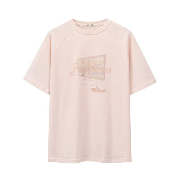 Jmwomen peach ສີບົວພິມເສື້ອທີເຊີດແຂນສັ້ນຂອງແມ່ຍິງວ່າງ