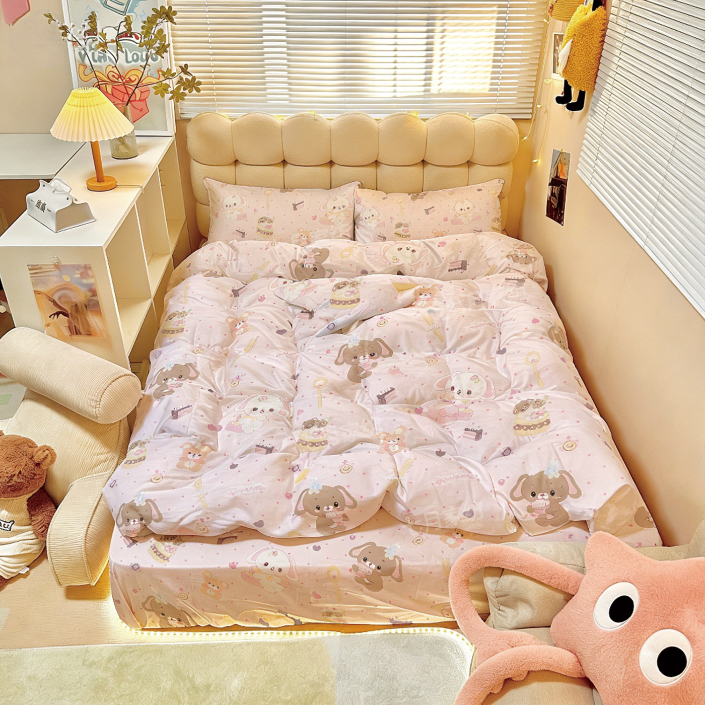 甜点兔纯棉四件套少女风三件套亲肤透气床品浅粉可爱床单被套卡通