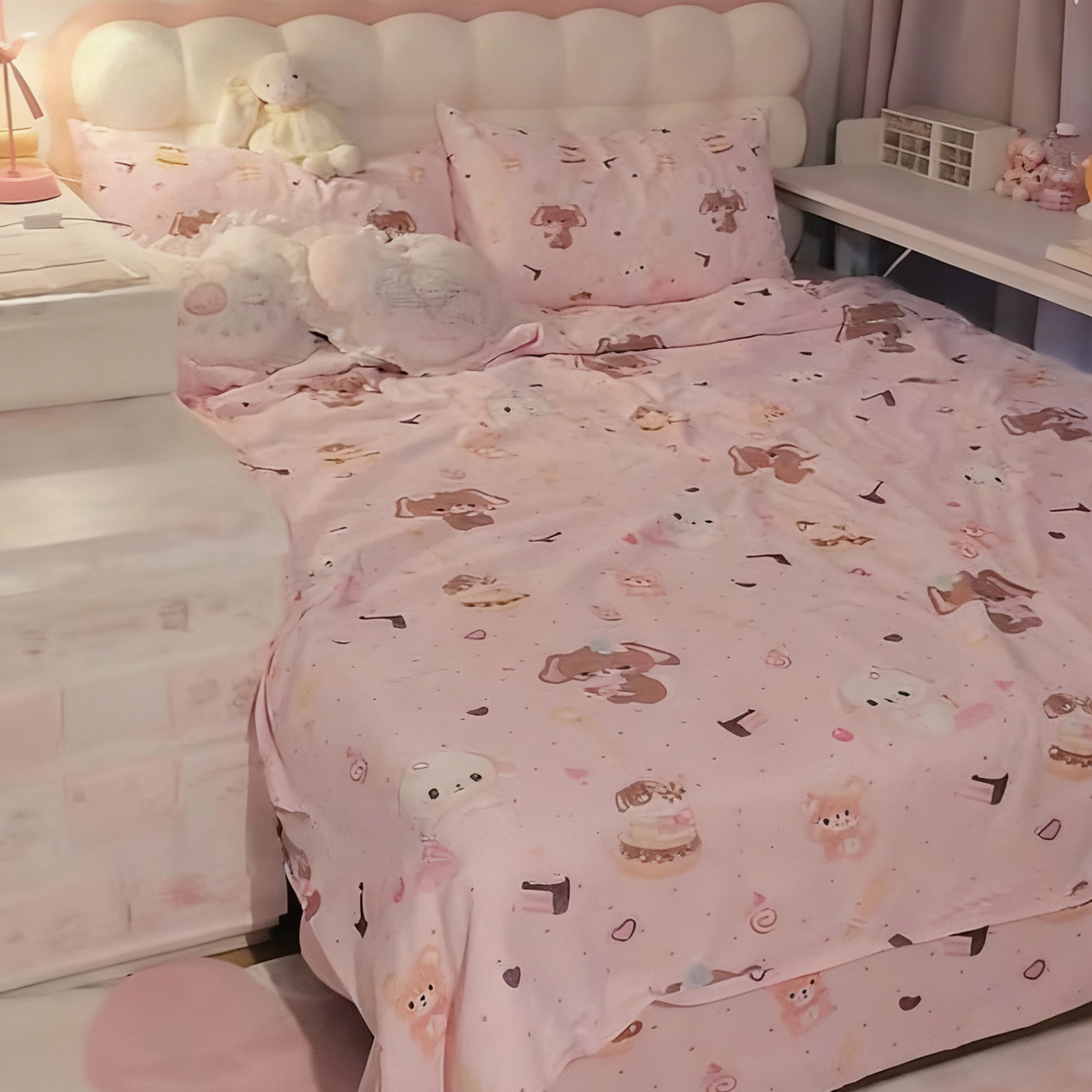 甜点兔纯棉四件套少女风三件套亲肤透气床品浅粉可爱床单被套卡通