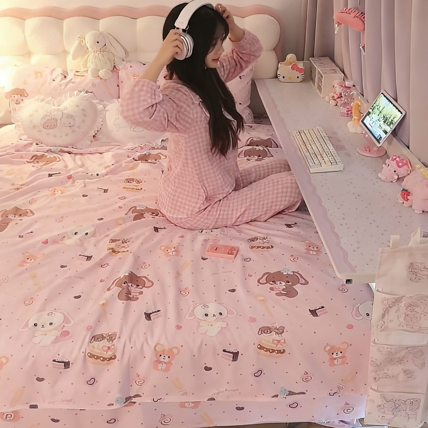 甜点兔纯棉四件套少女风三件套亲肤透气床品浅粉可爱床单被套卡通