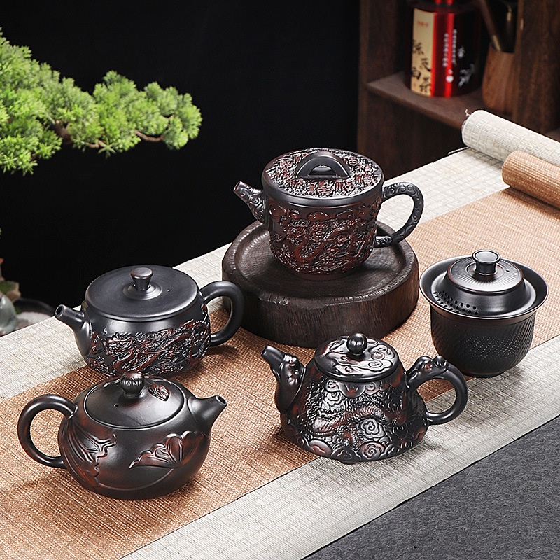 德化紫陶全手工跳刀纹凤鸣井栏壶家用茶具套装单人茶壶复古紫陶 - 图1