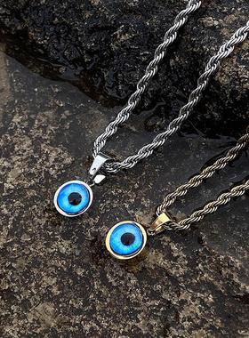 恶魔之眼美式项链男款金色麻花锁骨链蓝眼睛设计高级感R