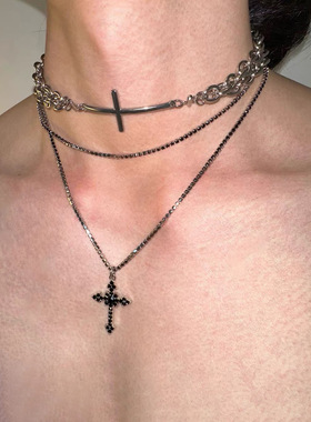 原创十字项链基础设计款choker小众设计多层叠戴锁骨链长款项链