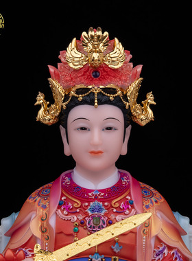 汉白玉彩绘九天玄母娘娘供奉摆件
