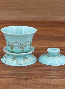 陶瓷盖碗供水杯绿釉描金净水杯圣水杯茶杯白瓷茶碗杯供观音财神杯